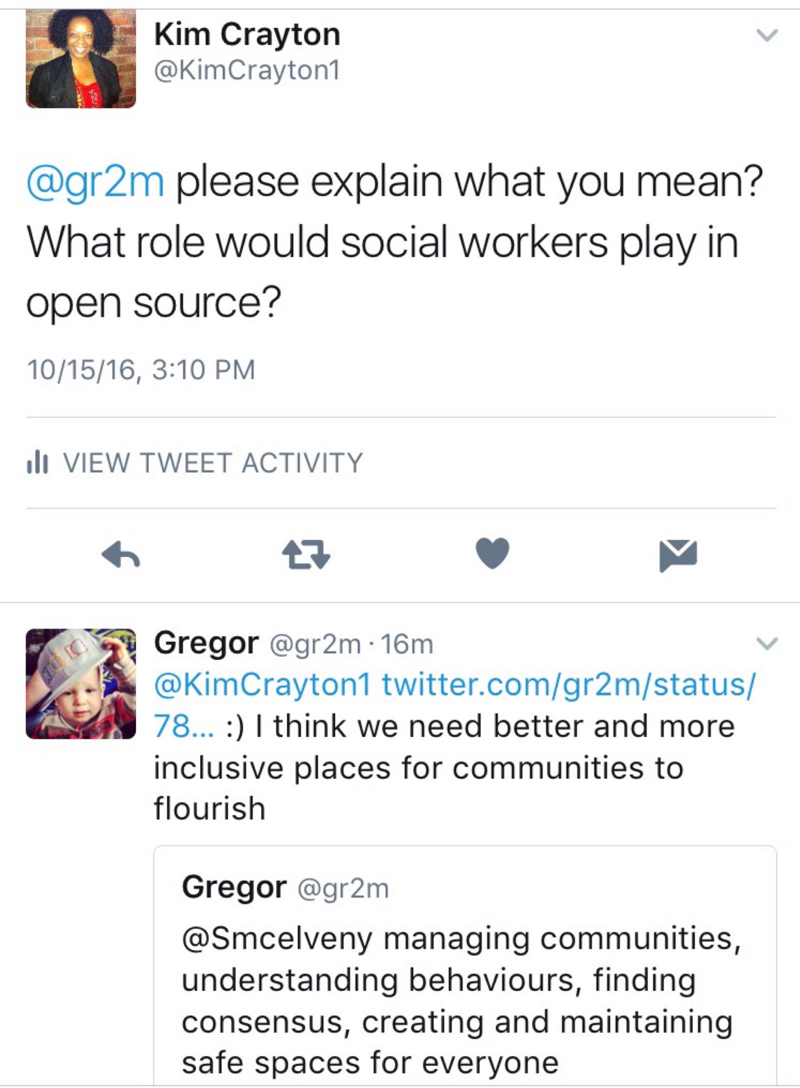 Twitter thread with @KimCrayton1 asking @gr2m for clarification and @gr2m responding with "I think we need better more inclusive places for communities to flourish